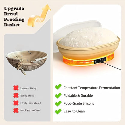 Heating Complete Sourdough Starter Kit, 4L Electric Thermostatic Silicone Oval Foldable Banneton Bread Proofing Basket with 6 Timer & Temp Settings for Dough Rising, Dishwasher Safe, Bread Making Kit