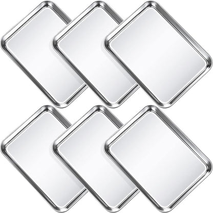 6 Pcs Baking Sheet Pan Set 9 x 6.7 x 1 inches Cookie Sheet Small Toaster Oven Pans Stainless Steel Tray Barbecue Grill Pan Rectangle Trays Oven, Non-stick, Easy Clean