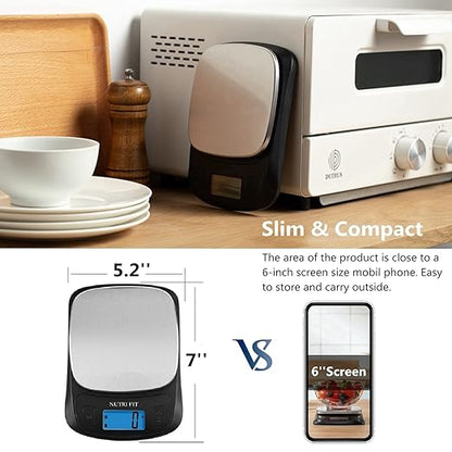 NUTRI FIT Ultra Slim Kitchen Scale Digital Food Weight Scale for Baking Cooking in Grams and Ounces Tare & Backlit LCD Display 11lb 5kg Capacity- Black/Stainless Steel