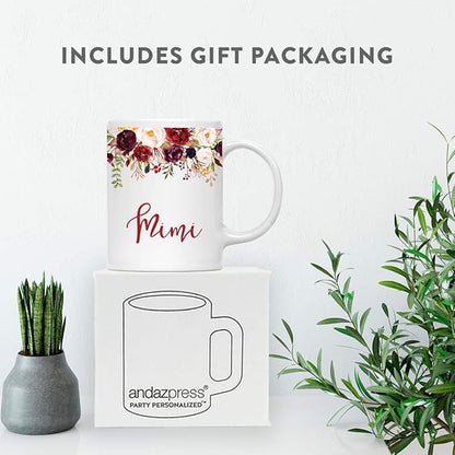Andaz Press 11oz. Mother's Day Ceramic Coffee Tea Mug Gift, Fall Autumn Marsala Burgundy Flowers Roses Florals, Mimi, 1-Pack, Includes Gift Box, Birthday Christmas Gift Ideas