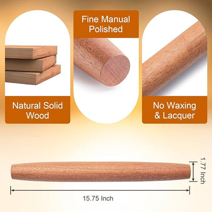 AISOSO French Rolling Pin, 15.75 Inches Wood Rolling Pins for Baking, Extra Long Classic Wooden Dough Roller for Fondant Pizza Pie Crust Cookie Pastry, Kitchen Baking Essentials, Brown