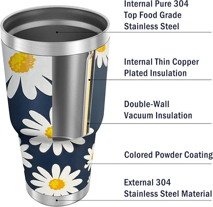 WETOWETO 30 oz Tumbler Stainless Steel Vacuum Insulated Coffee Cup with Handle, Double Wall Vacuum Coffee Tumbler for Hot and Cold drinks, Suitable for Beach, Travel (Daisy Flower, 1 Pack)