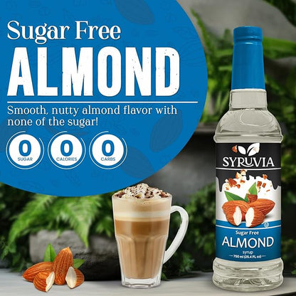 Syruvia Sugar Free Coffee Syrup, Almond Flavored Syrup for Drinks, Lattes, and Desserts – 25.4 fl oz, With Pump