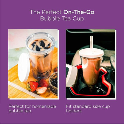 Reusable Boba Cup for Large Size Bubble Tea (24 Oz), Angled Straws, Leak Proof Design, Double Wall Insulated Bubble Tea Cup