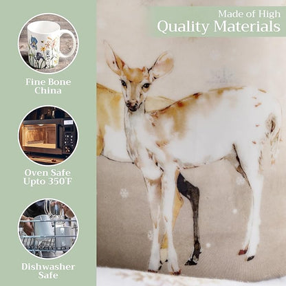Maison d' Hermine Coffee Mug with Handles Fine Bone China Mugs Pack of One Tea Cups for Hot Beverages Cappuccino Latte Home Restaurant Office Perfect for Gift (Deer In The Woods - Oh Deer, 12 Ounce)