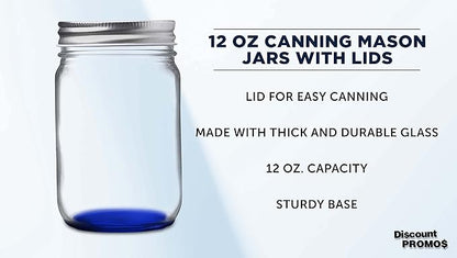 DISCOUNT PROMOS 10 Decorating Mason Jars Set, 12 oz. - Canning, Aluminum Lid - Blue