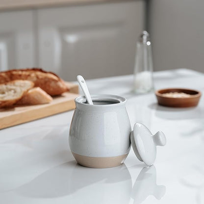 famiware Milkyway Sugar Bowl with Lid and Spoon, 10oz Ceramic Sugar Jar/Pot/Dispenser for Salt, Condiments, Spice, Seasonings, Sugar Container for Coffee Bar, Home, Kitchen, and Countertop, Light Gray