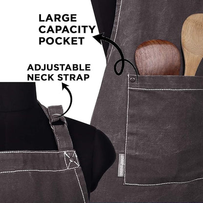 AMOUR INFINI Cotton Solid Aprons for Women with Pocket, Adjustable Strap and Waist Ties Washed Chef Aprons for Cooking, Baking and Gardening (27.5x33 Inches - Brown)