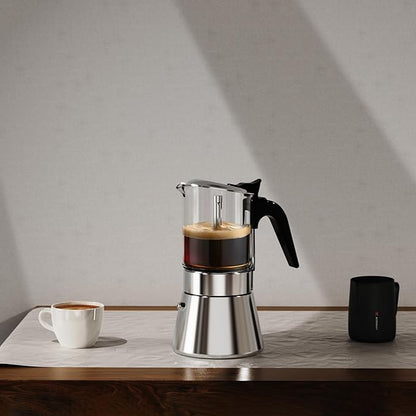 Moka Induction Stovetop Espresso Maker,Crystal Glass-top & Stainless Steel Espresso Moka Pot,Classic Italian coffee maker,240ml(6cup)