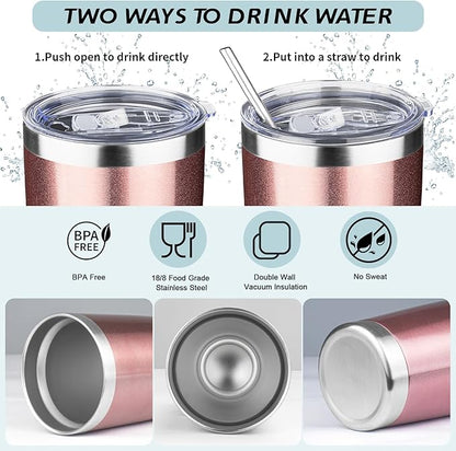 20oz Tumbler with Straw and Brush, Stainless Steel Vacuum Insulated tumbler, Double Wall Insulated Coffee Tumbler for Outdoor, Home, Travel,Office (Rose Gold,4pcs)