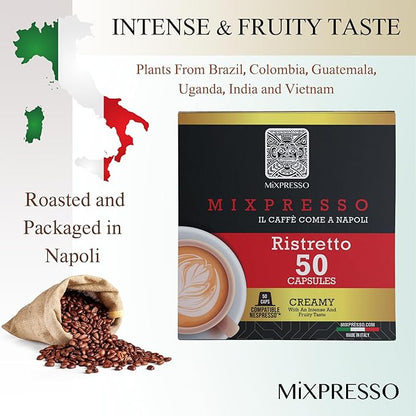 Mixpresso Coffee Ristretto Espresso Capsules Compatible With Nespresso Original Brewers, Single Cup Coffee Pods 100% from Italy Dark Roast 80% Arabica Espresso, 50 Count Coffee Capsule Intensity 12/12