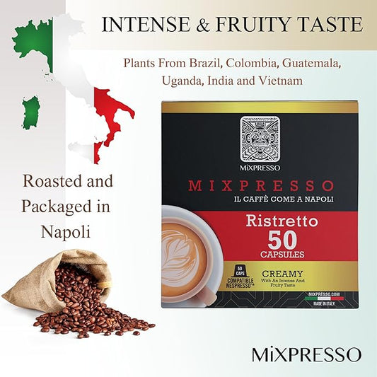 Mixpresso Coffee Ristretto Espresso Capsules Compatible With Nespresso Original Brewers, Single Cup Coffee Pods 100% from Italy Dark Roast 80% Arabica Espresso, 50 Count Coffee Capsule Intensity 12/12