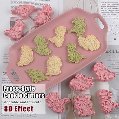 8 Pcs Dinosaur Cookie Cutters Set Baking Molds 3D Dinosaur Press type Cookie Cutter for Baking, Fondant, Cheese, and Pastries