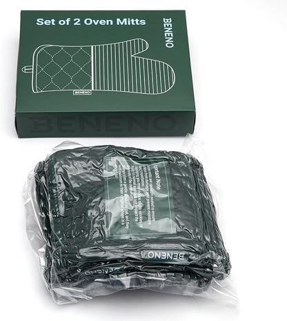Beneno Kitchen Oven Mitts 2-Pack Heat Resistant to 500°F with Non-Slip Silicone Grip, Extra Long 14.3" Forearm Protection, Soft Quilted Cotton Terry Lining, Ideal for Cooking, Baking, Grilling, Green