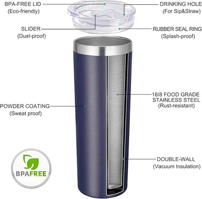 VEGOND Stainless Steel Tumblers Bulk 8 Pack, 20 oz Vacuum Insulated Skinny Tumblers with Lid and Straw, Double Wall Coffee Mug, Travel Water Cup, Navy Blue