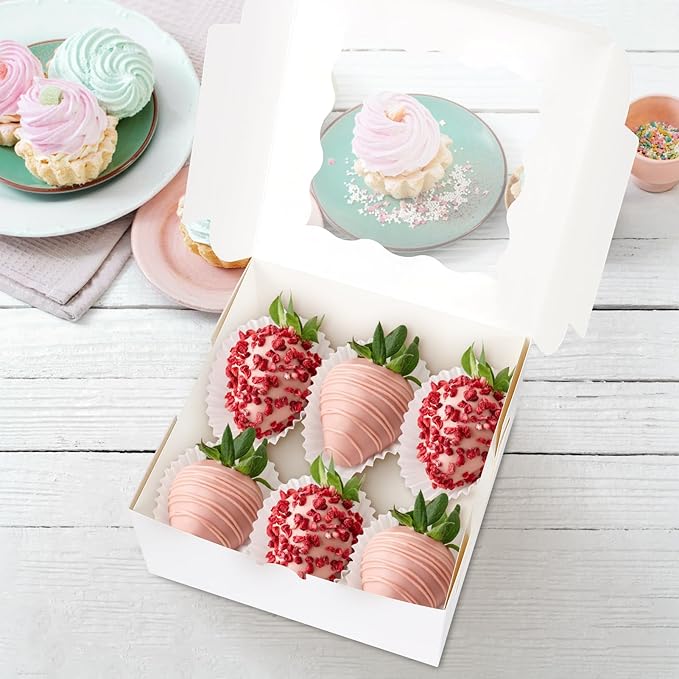 Colovis 30 Pcs White Bakery Boxes with Window, 6 X 6 X 3 Inches, White Paperboard Treat Boxes for Cookies, Pastry, Cookies, Strawberries, Macarons