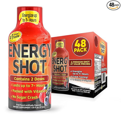 Fruit Punch Extra Strength Energy Shot 48 pk – 260mg Natural Caffeine B12 B6 – Energy & Focus Support – 2 Servings Sugar Free Zero Calorie Green Tea B-Vitamins Electrolytes Vegan – 1.93 fl oz