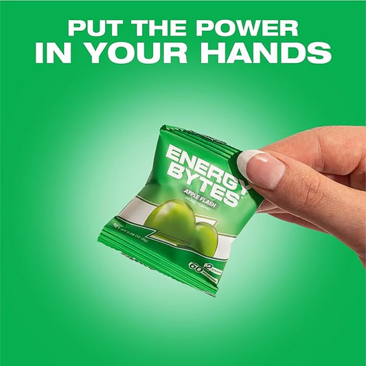 Energy Bytes Caffeine Gummies | Instant Energy Chews for Running, Cycling and Sports Performance | Vegan, Low Sugar | Apple Flash (12-Pack)