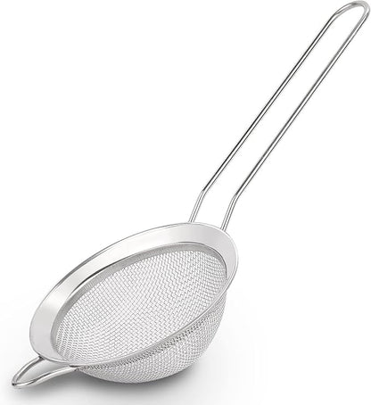 D Fine Mesh Strainer, Stainless Steel Sieve Sifter with Handle, Small Metal Strainer for Loose Tea, Juice, Drink, Herbs, Mini Sifter for Flour, Matcha, Kitchen, Baking, 3-Inch (8x3, Silver)
