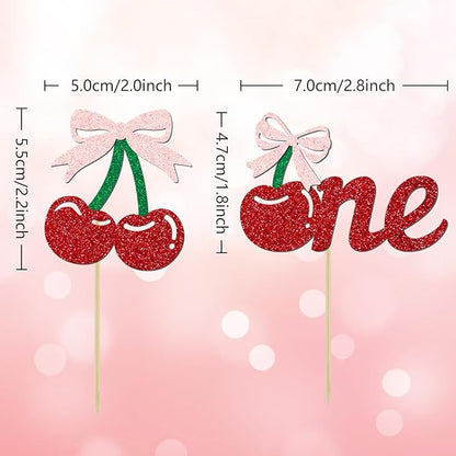 24 Pack Cherry 1st Birthday Cupcake Toppers, Glitter Cherry First Birthday Cake Pick for Fruits Theme One Birthday Party Cake Decorations Supplies (One)