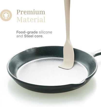 Silicone Utensils 3-Piece Set – Rubber Spatula, Slotted Turner, and Rice Paddle – Complete Heat-Resistant Set for Non-Stick Cookware – Kitchen Tools and Accessories for Cooking & Baking – Cream