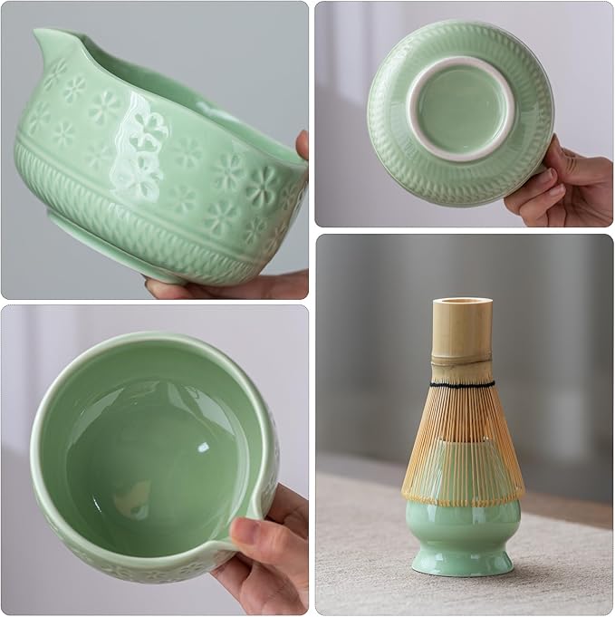 Matcha Whisk Set, Ceramic Matcha Set Includes Matcha Bowl, Matcha Whisk and Holder, Bamboo Scoop, Scoop Rest, Sifter and Tea Towel - 7 Pcs Matcha Kit for Matcha Lovers (Green)