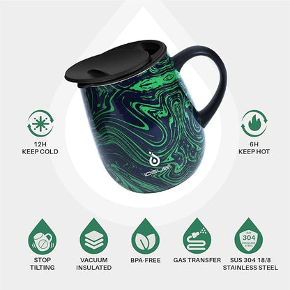 Ideus 16 oz (470 ml) Insulated Coffee Mug with Handle and Lid, Double Wall Stainless Steel Vacuum Thermal Coffee Mug, Travel Coffee Cup Thermal Cup for Home and Office (Green Zebra)