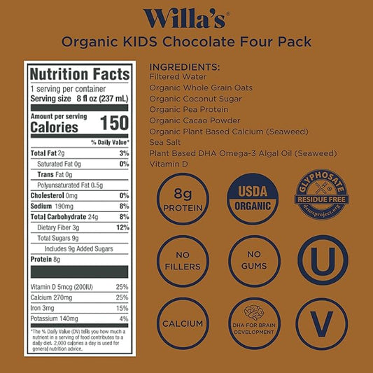 Willa's Organic Kid's Chocolate Oat Milk with 8g Protein & 240g Calcium, Plant-Based Milk for Kids, Dairy-Free, Low Sugar, 2g Fiber– 8.25 oz, 16 Pack
