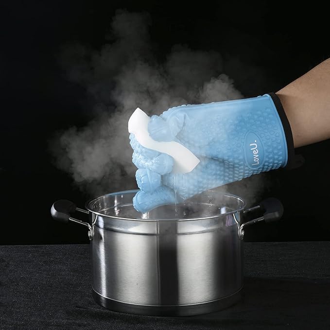Kitchen Oven Gloves - Dual-Layer Heat Resistant Grilling Gloves, Silicone Oven Mitts with 5 Fingers, Waterproof Non-Slip Pot Holder for Barbecue, Cooking, Baking (XL-XXXL, Blue)