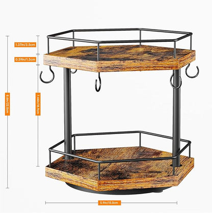 KLM 2 Tier Coffee Bar Organizer Countertop Station Shelf for Home Office, Multi-Functional Coffee Mug Cup Holder Stand, Accessory Storage Rack with 6 Hooks, 360° Rotated Coffee Cup Holder for Counter