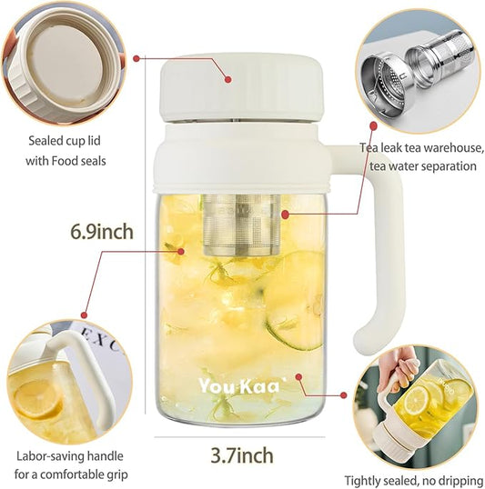 32oz Glass Water Bottle, Tea Bottle with Infuser & Handle, BPA-Free Leakproof Wide Mouth Large Tea Infuser Bottle for Hot or Cold Drinks, Loose Tea, Fruit (White)