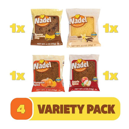 Nadel - Naturally Delicious Sweet Breads Variety Pack (Banana Chocolate Chip, Vanilla Pound Cake, Apple Spice, Pumpkin Spice). (4 Pack, 1 Bread Per Flavor)