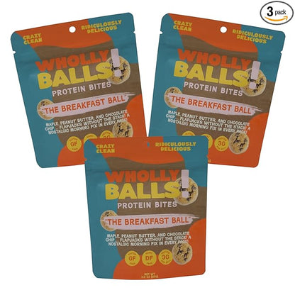 Wholly Balls Protein Bites – Healthy Plant-Based Snack | High Protein, Low Sugar, Gluten-Free Energy Balls (Pack of 3, Breakfast Ball)