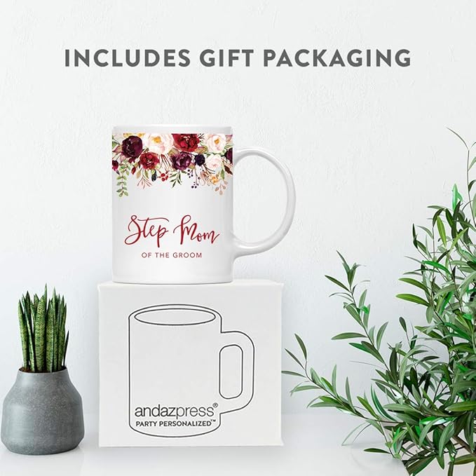 Andaz Press 11oz. Wedding Ceramic Coffee Tea Mug Gift, Fall Autumn Marsala Burgundy Flowers Roses Florals, Step Mom of the Groom, 1-Pack, Includes Gift Box