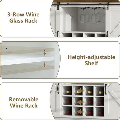 55 Inch Farmhouse Coffee Bar Cabinet with 3-Tier Storage, Kitchen Hutch with 12 Wine Racks & 3 Glass Holders, Coffee Bar with 6 Hooks, Wine Bar Cabinet for Dining Living Room, White