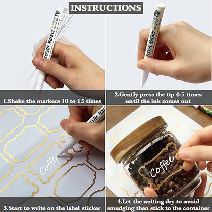 Kitchen Pantry Food Containers Clear Labels with Gold Border, 93 Waterproof Removable Write-on Sticker Labels Tags to Organize Spice Jars Condiment Flour Sugar Canisters Storage Bins, Free 2 Markers