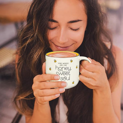Christian Art Gifts Large Ceramic Coffee & Tea Mug for Women: Kind Words are Like Honey Inspirational Bible Verse, Non-toxic/Lead-free, Microwave/Dishwasher Safe Bumble Bee Cup, Yellow/White, 15 oz.