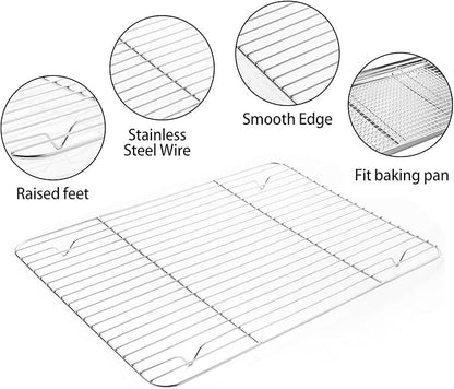 Stainless Steel Baking Sheet Tray Cooling Rack with Silicone Baking Mat Set, Cookie Pan with Cooling Rack, Set of 6 (2 Sheets + 2 Racks + 2 Mats), Size 16 x 12 x 1 Inch, Easy Clean