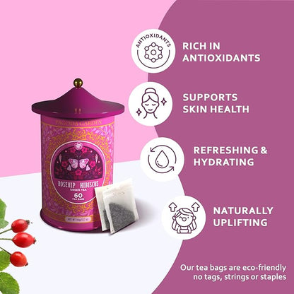 Life Plus Style Gourmet Pagoda Garden Rosehip Hibiscus Green Tea Organic Herbal Tea Caffeinated Hot or Iced Natural Ceylon Tea Antioxidants Supports Wellness 60 Tea Bags
