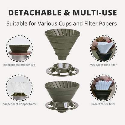 Collapsible Coffee Dripper, Silicone Reusable Coffee Filter Holder, Pour Over Coffee Dripper for Camping, Business Trip, Single Pour Over Coffee Maker (Green)