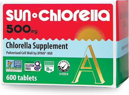 Sun Chlorella 500mg Whole Body Wellness Green Algae Superfood Supplement - Immune Defense, Gut Health, Natural Purification, Energy Boost - Chlorophyll, B12, Iron, Protein - Non-GMO - 600 Tablets