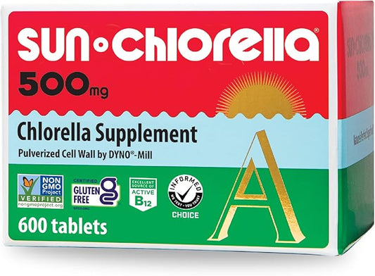 Sun Chlorella 500mg Whole Body Wellness Green Algae Superfood Supplement - Immune Defense, Gut Health, Natural Purification, Energy Boost - Chlorophyll, B12, Iron, Protein - Non-GMO - 600 Tablets