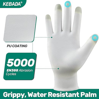 Kebada W1 Work Gloves for Men and Women, PU Coated Safety Gloves with Grip, Touchscreen, Ideal for Warehouse Package Handling, Construction, Gardening, White Medium