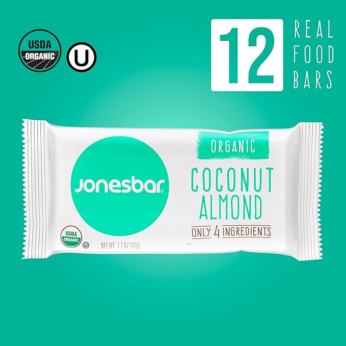 JONESBAR Organic Plant Based Protein Bars | Coconut Almond | Fruit & Nut Bar, Kosher, Gluten Free, Paleo Breakfast Bars, School Snacks, Vegan Snack & Healthy Snacks for Adults and Kids (Pack of 12)
