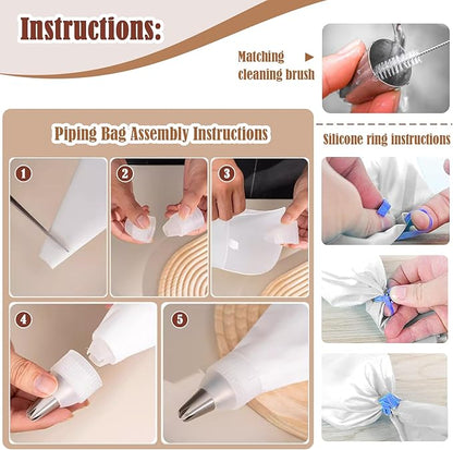 14-Piece Reusable Piping Bags and Tips Set- Cotton Baking Kit with Coupler, Stainless Steel Nozzles,Silicone Cable Ties& Cleaner for Cakes/Cupcakes/Cookies Decorating