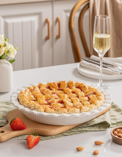 Ceramic Pie Dish for Baking, 9 inch Porcelain Pie Pan, Fluted Pie Plate for Apple, Quiche, Pot Pies, Tart, Modern Farmhouse Bakeware, Vanilla White