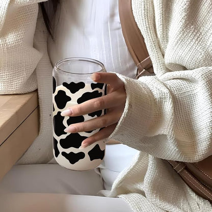 SANDJEST Cow Glass Can, Cow Prints Cup with Lid & Straw, Iced Coffee Aesthetic Cups, Idea Gift for Christmas Birthday Mother Day, Gifts for Women, 16oz