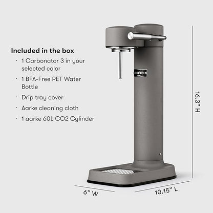 Aarke Carbonator lll with CO2 Cylinder, Sparkling & Carbonation Water Machine, Stainless Steel with PET BPA-Free Reusable Bottle Volume 1L/34 fl oz (Matte Grey)