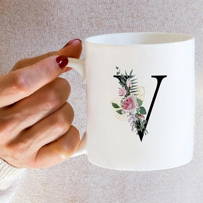 Retreez Initial A-Z Floral Botanical Bouquet Alphabet Monogrammed Monogram Mug 11 Oz Ceramic Tea Coffee Mugs - Appreciation Thank You Wedding Birthday Gifts for her friend coworker sister - V Initial
