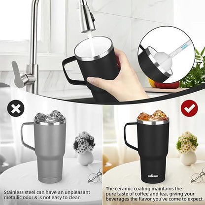 20 oz Insulated Coffee Mug with Ceramic Coating, Stainless Steel Travel Mug Tumbler with Handle Lid and Straw, Double Wall Leak-Proof Coffee Travel Mug Keeps Drink Hot and Cold (Black)